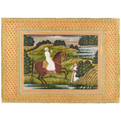 un tableau représentant une femme à cheval dans un champ