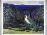 an oil painting of a river running through a valley in the mountains
