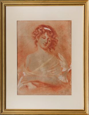 a painting of a woman in a white dress with a red headband