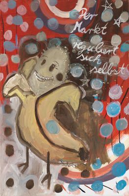 a painting of a monkey holding a banana on a red background