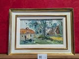 tableau représentant une scène de vie à la ferme, dans un cadre doré, accroché à un mur rouge