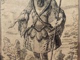 an old drawing of a man with a cane and a hat