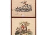 two framed prints of a hunting scene with a dog and a man on horseback