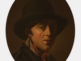 un tableau représentant un homme portant un chapeau et une écharpe