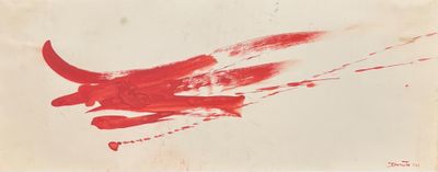 une image représentant un dessin à l'encre rouge d'un taureau volant dans les airs