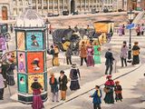 a painting of a crowd of people walking down the street