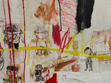 a painting of a woman holding a knife in front of a bunch of people