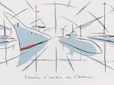 a drawing of a boat in a harbor with other boats in the water