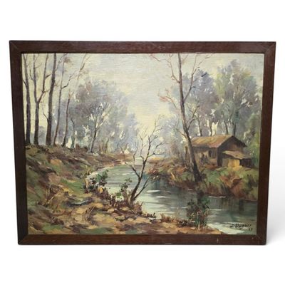 a painting of a river scene with a house in the distance