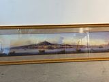peinture représentant une vue de ville avec une montagne en arrière-plan