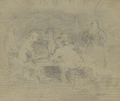 dessin d'un groupe de personnes assises autour d'une table dans une pièce