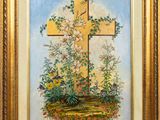 an oil painting of a cross and flowers in a gold frame
