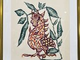 painting of a bird on a branch with leaves in a gold frame