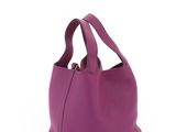 a purple leather bag with a zipper on the front