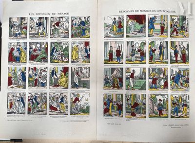 an open book with pictures of people and animals on it