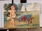a painting of a baby with a wheelbarrow and flowers