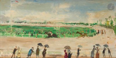 un tableau représentant un groupe de personnes avec des parapluies lors d'une course hippique