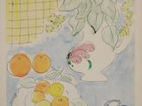 a painting of a vase with oranges and a plate of oranges on it