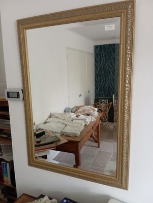 un grand miroir accroché au mur dans un salon