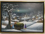 peinture d'une scène de village d'hiver avec un traîneau tiré par des chevaux transportant un arbre de Noël