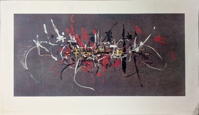 peinture abstraite composée de lignes rouges, noires et blanches sur un fond gris
