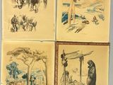 quatre dessins représentant des personnes et des animaux sont posés sur une table