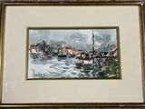 framed watercolor painting of a harbor scene with boats in the water