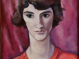 painting of a woman in a red shirt in a wooden frame