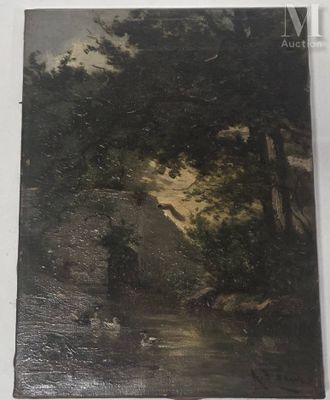 une image représentant un tableau où l'on voit un homme et un chien dans un environnement boisé