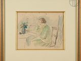 painting of a woman sitting at a table with a vase of flowers in front of her