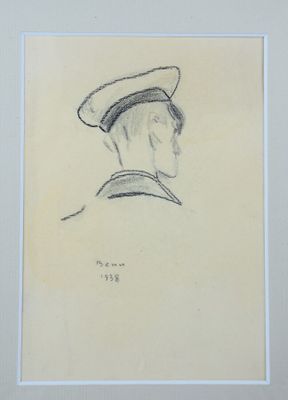 dessin représentant un homme coiffé d'un bonnet de marin, dans un cadre blanc