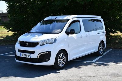 une camionnette blanche garée sur un parking avec des arbres en arrière-plan