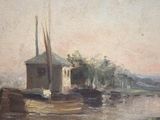 a painting of a boat on the water with a building in the background