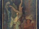 une peinture à l'huile représentant un homme et une femme dans un décor boisé