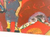 un tableau représentant un homme à cheval sur fond rouge