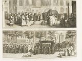 two pictures of men and women standing in front of a building