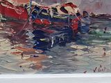 a painting of a painting of a boat in a body of water