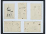 four drawings of a man and a dog in a black frame