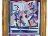un tableau représentant deux femmes à cheval et un homme à cheval