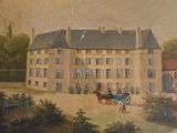 a painting of a horse drawn carriage in front of a large building