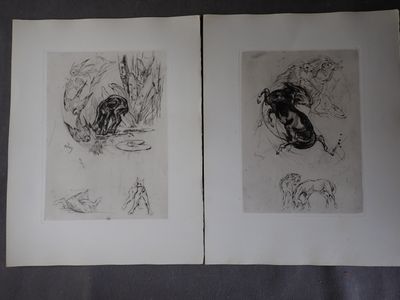 deux dessins représentant un cheval et un chien posés sur une table