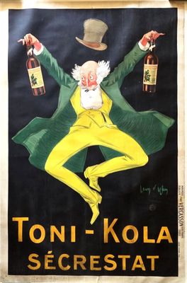 une vieille affiche représentant un homme coiffé d'un haut-de-forme et tenant une bouteille de vin