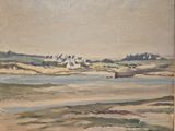 painting of a landscape with a body of water in the foreground