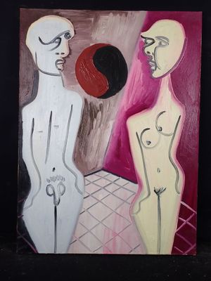 tableau représentant une femme et un homme debout devant un miroir