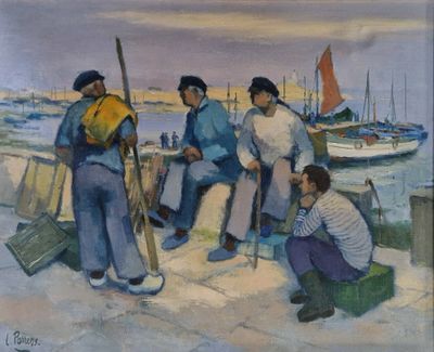 tableau représentant un groupe d'hommes assis sur une jetée au bord d'un plan d'eau