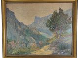 un tableau représentant un paysage de montagne avec un arbre au premier plan