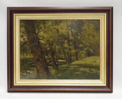 framed oil painting of a wooded scene with sheep grazing in the grass