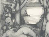 a black and white drawing of a naked woman laying on a bed
