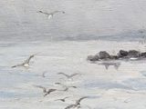 painting of a flock of seagulls flying over a rocky beach