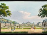 painting of a view of a park with people playing baseball